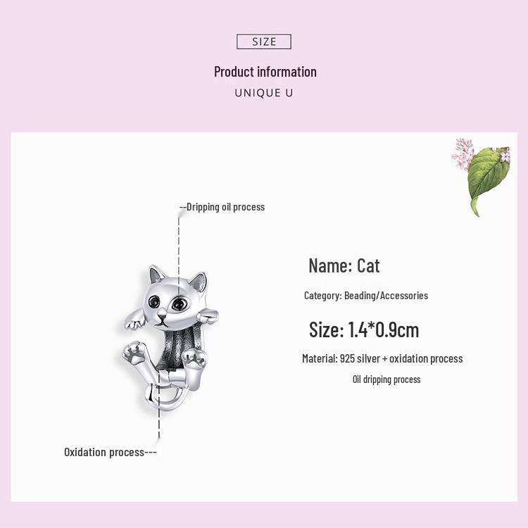 Yinziyun S925 Silver Cat DIY Bracelet Beads - Cute Animal Charm (BSC208)