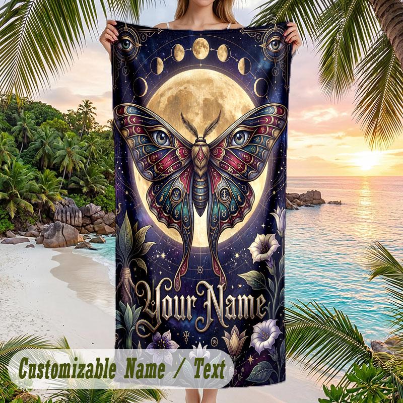 Moonlit Garden Dreams Theme Quick Dry Beach Towel Custom Name Text Print Large Sand Resistant Towel Beach Vacation