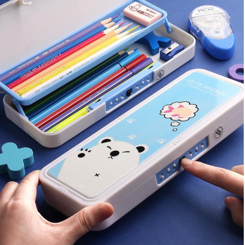 2024 New Cute Primary School Student Stationery Box Children's Multi-Function Lock Stationery Box Kindergarten Pencil Box