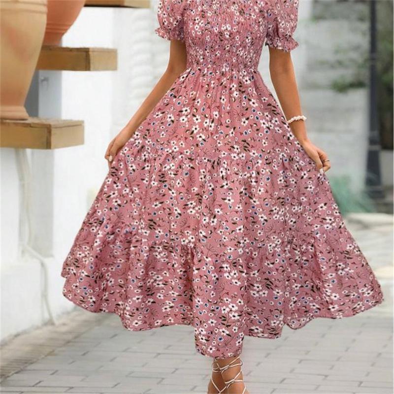 Women's Square Collar Waist Printed Dress S-XXXL