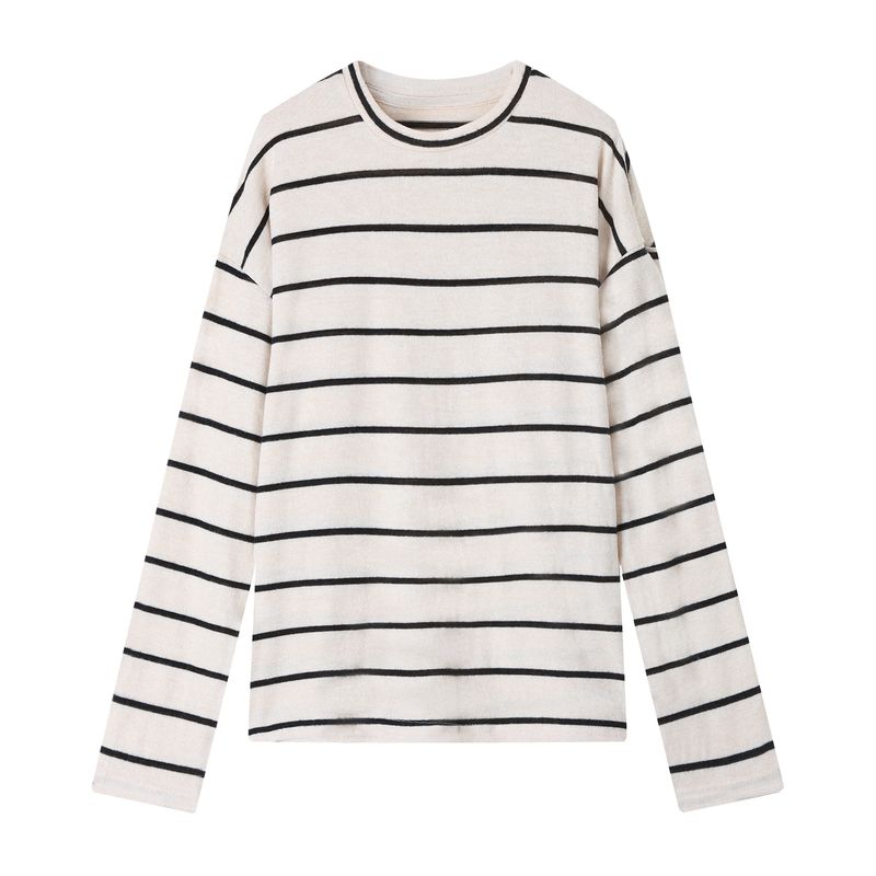 Lazy round Neck Pullover Long Sleeves T-shirt Elegant Bottoming Shirt Women's Autumn Loose Easiest for Match Casual Contrast Color Stripes Tops