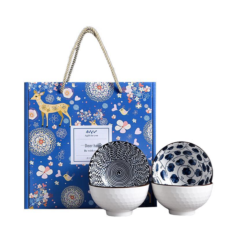 Jutao Ren 'Ein Hirsch mit dir' Blau-Weiß Keramikschalen-Set