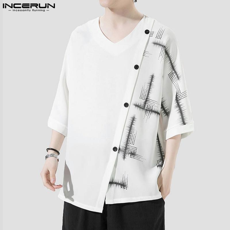 

INCERUN Летние мужские топы с короткими рукавами и v-образным вырезом на пуговицах и вышивкой крестом