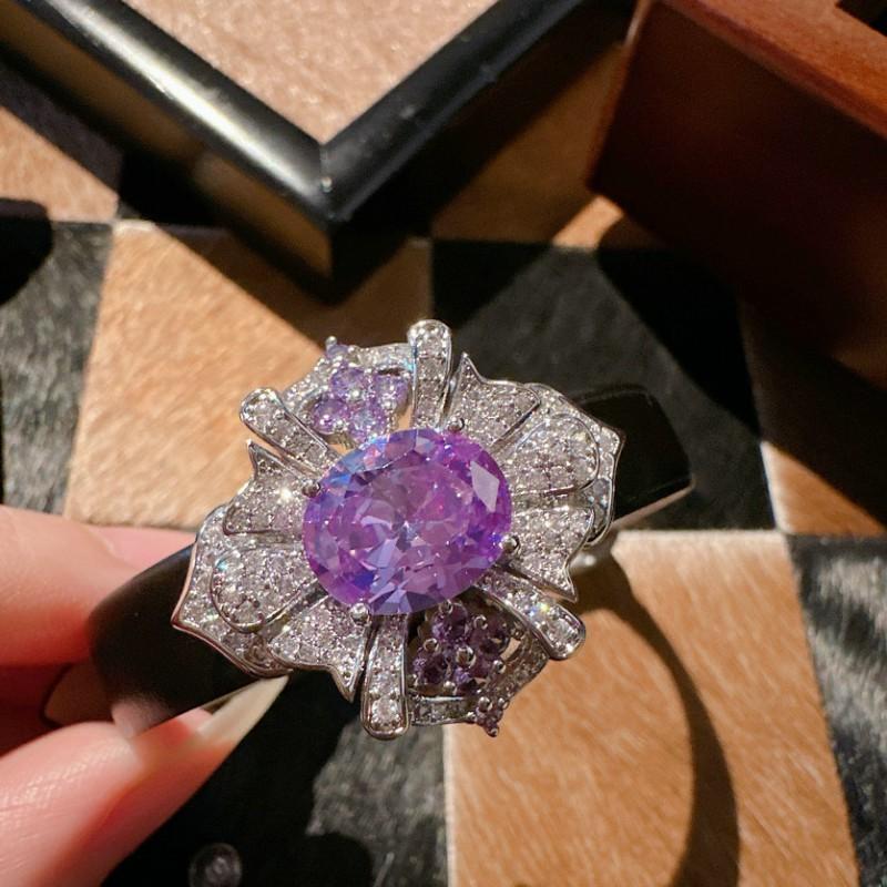 Vintage Floral Ring With Purple Cubic Zirconia 18K Gold Plated Adjustable Open Band Women