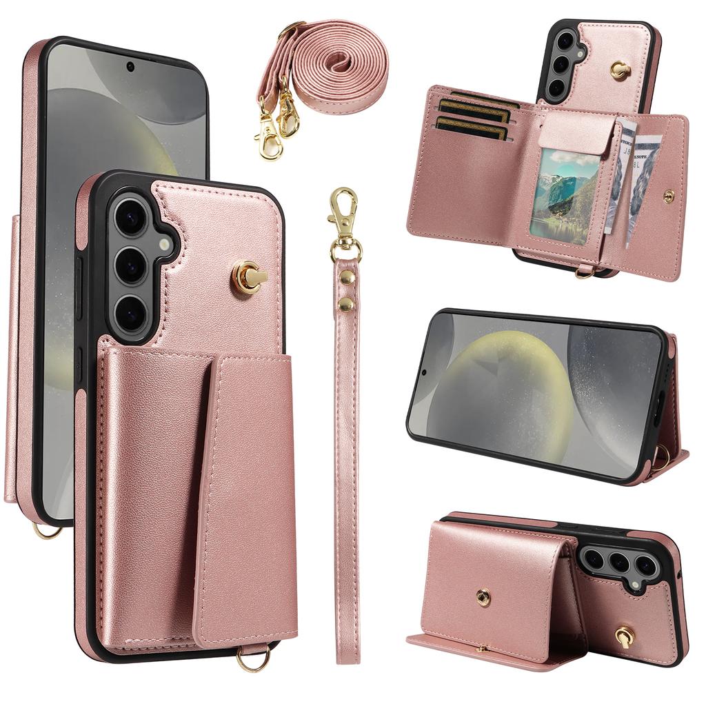 For Samsung Galaxy S24+ Crossbody Phone Case Card Holder Kickstand Leather Coated TPU Mobile Cover