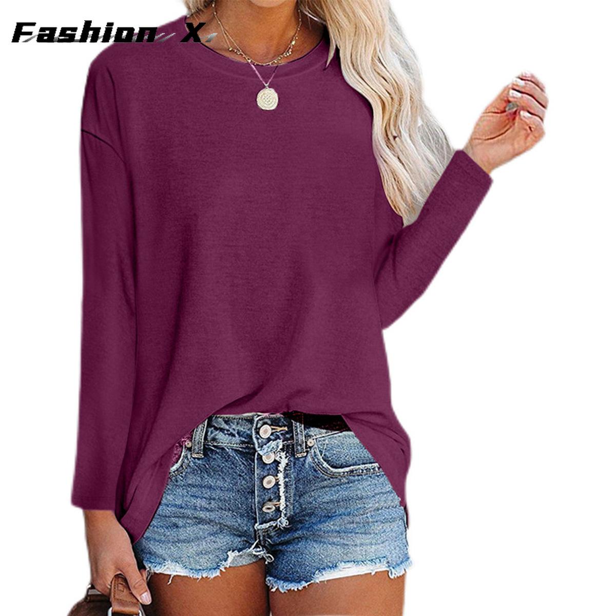 

Новые свободные однотонные женские футболки с длинными рукавами и круглым вырезом, женские топы 2XL бордовый