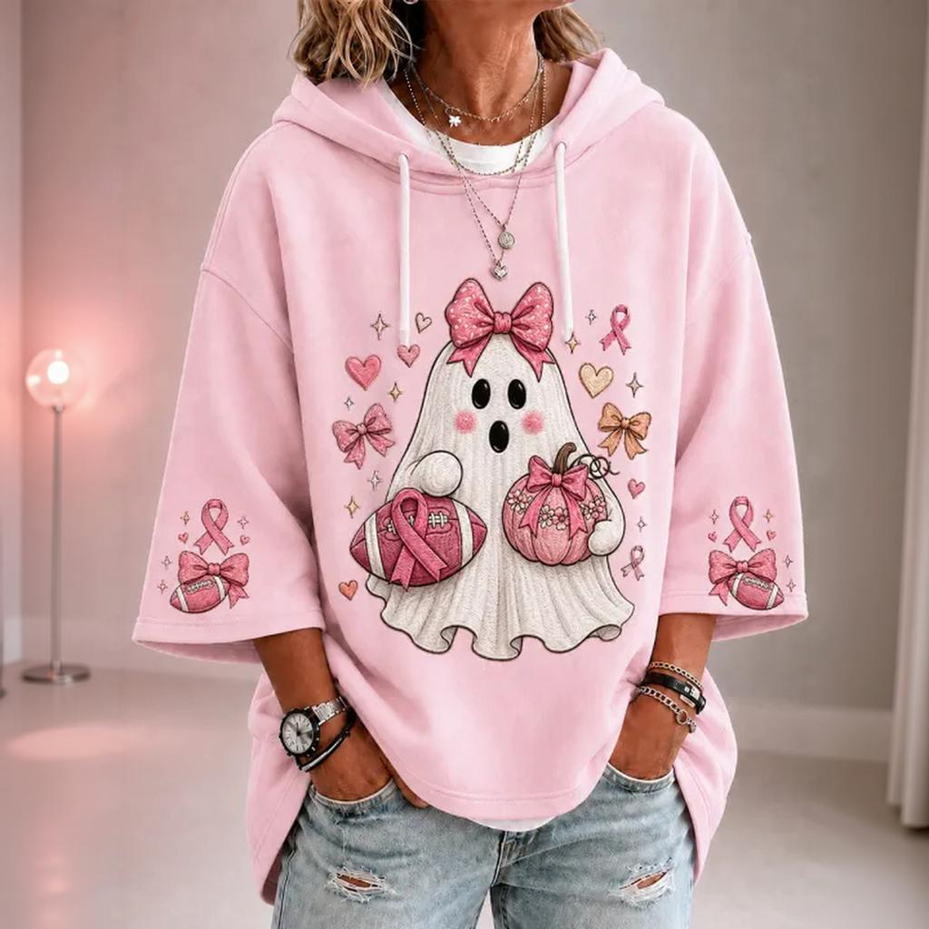 Women's Casual Printed Hooded Pullover Top with Three-Quarter Sleeves and Ribbon