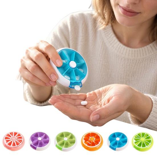 Portable Vitamin Holder for Trips 7 Day Pill Organizer, Rotary Case, Cute Fruit Style Travel Medicine Case Compact ABS Container And Daily Supplements