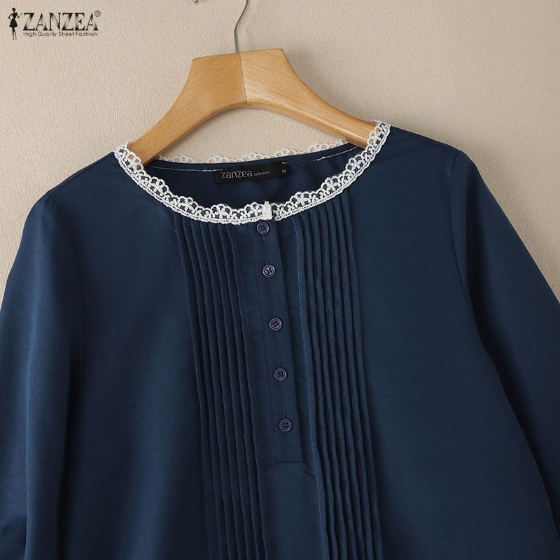 ZANZEA Women Lace Splice Round Neck 3/4 Sleeve Loose Blouse