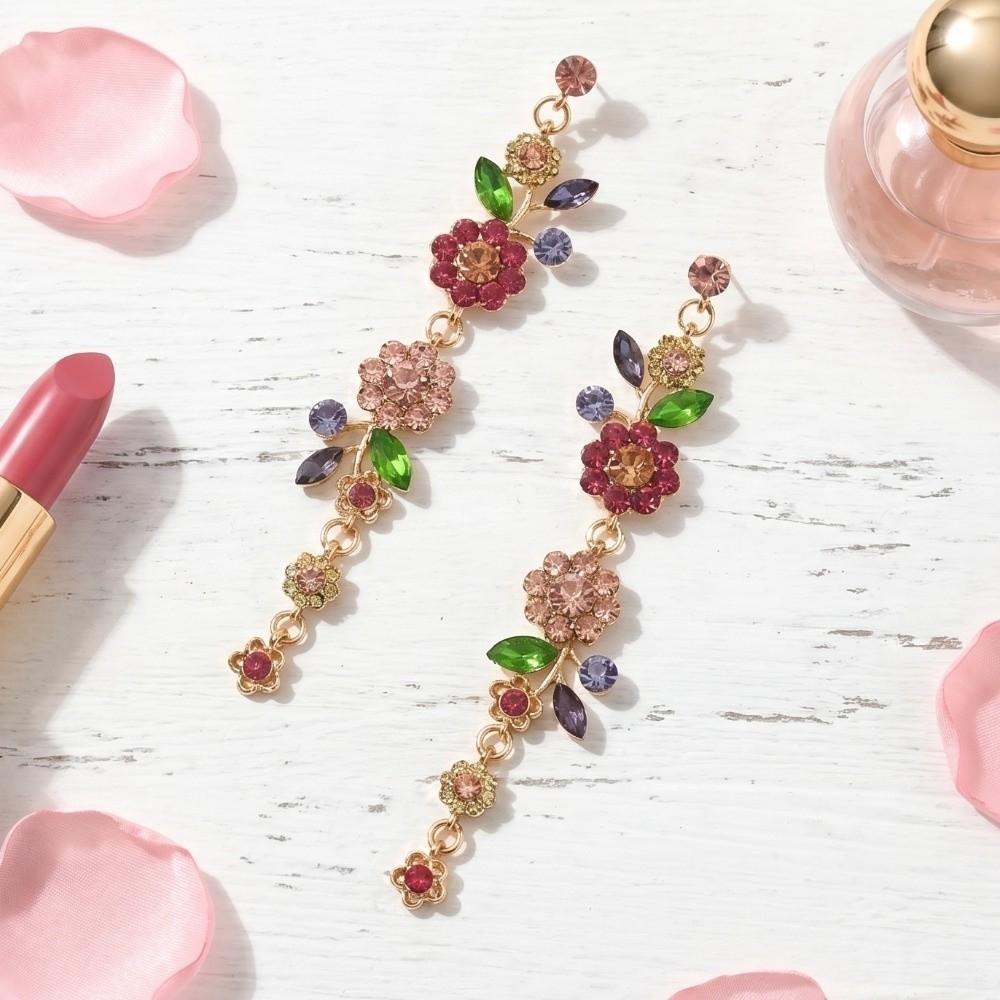 1 Pair Long Flower Drop Earrings Embellished Dangle Earrings  All Seasons Compatible