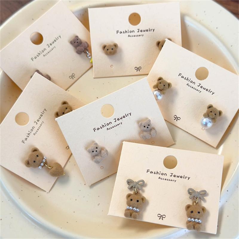 Autumn Winter Earrings Coffee Colored Flocking Bear Earrings Sweet Cartoon Style Ear Studs Suitable for Trendy Women