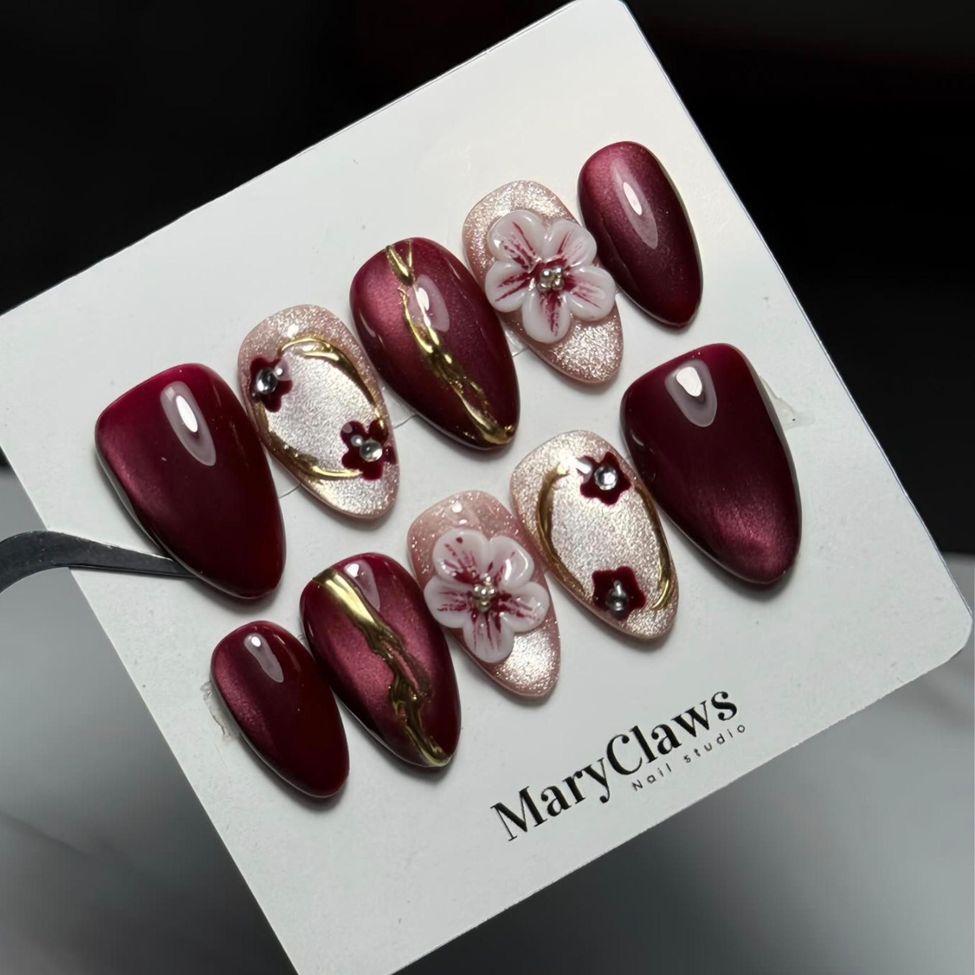30 pieces of red 3d three-dimensional flower almond wearing armor advanced handmade small diamond fake nails