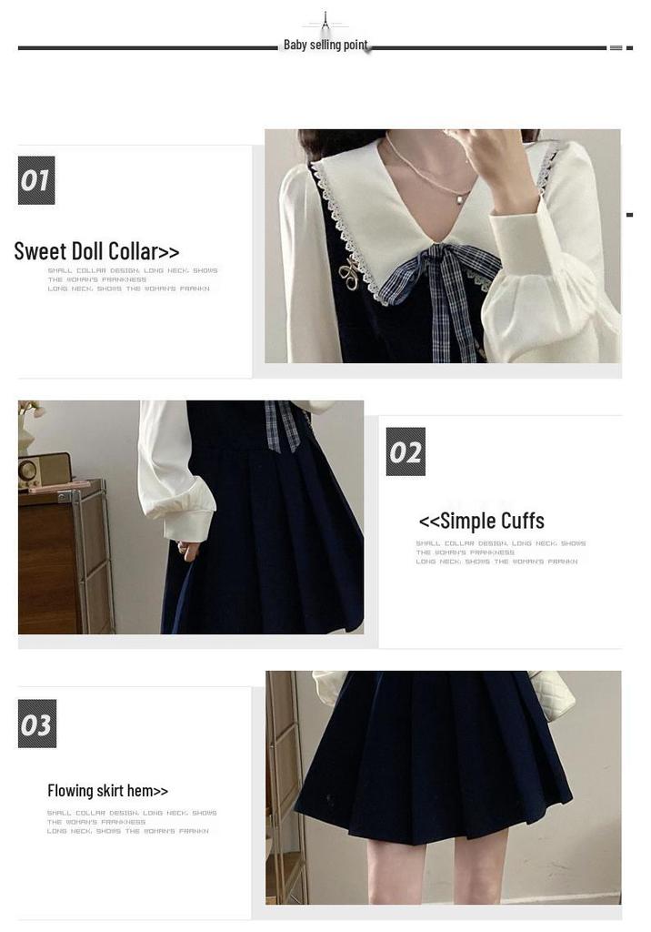 Plus Size Pleated Princess Dress with Doll Collar - College Style, Autumn/Winter Waist-Cinching Design