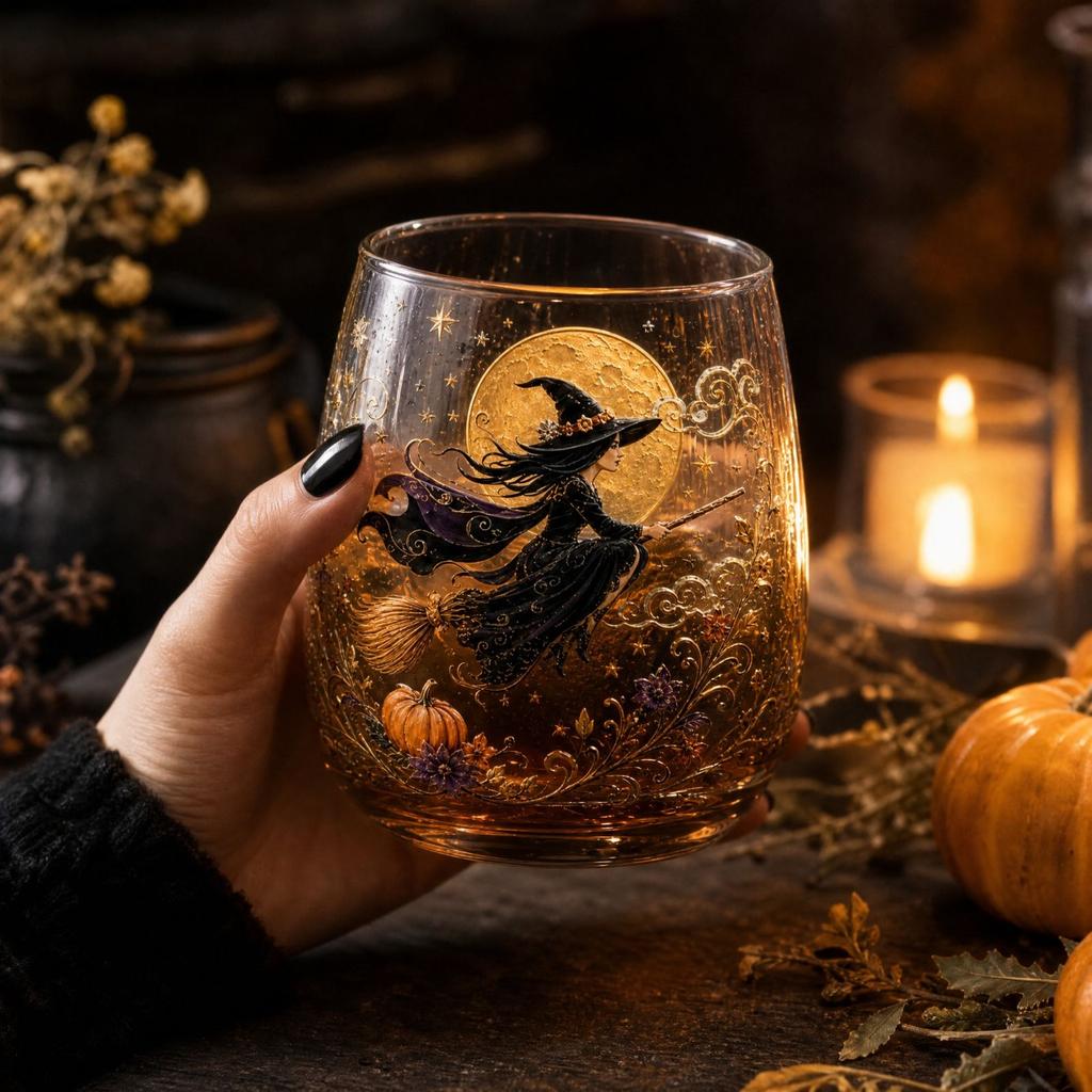 Bicchiere di Vetro da Strega con Design Stampato 2D - Tazza Novità di Halloween per Caffè, Tè e Bevande Fredde