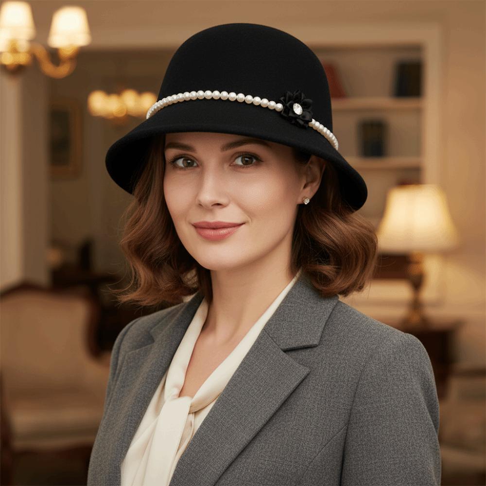 Solid Color Flower Topper Hat Pearl Woolen Bucket Hat Elegant Fisherman Hat  Girl