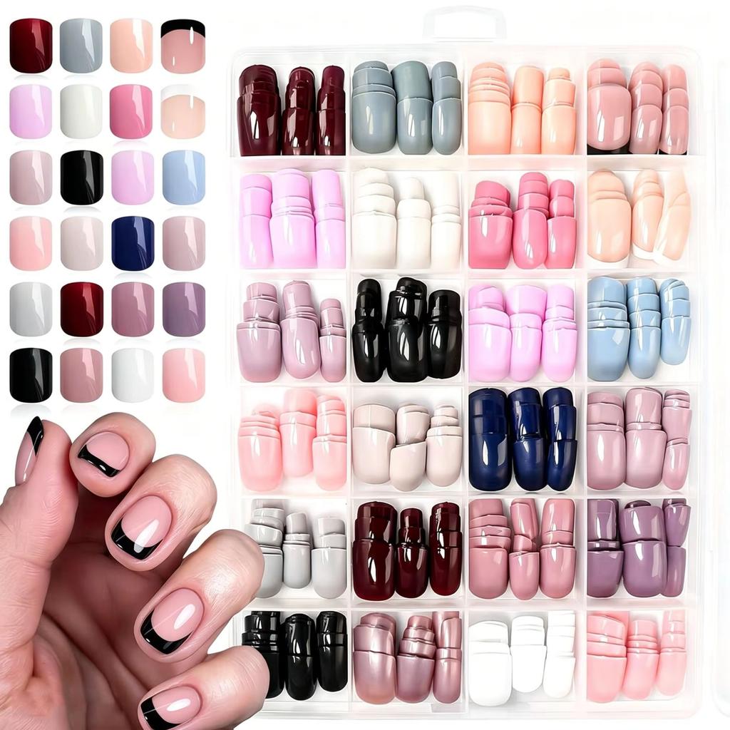 576pcs Colorful Glossy Short Square Press On Nails White Black French Tip False Nails 24colors Solid Pink Red Brown Fake Nails