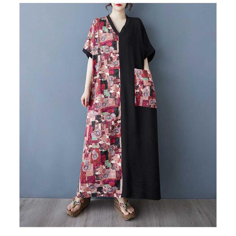 Color Patchwork Black Long Dress Retro Robe