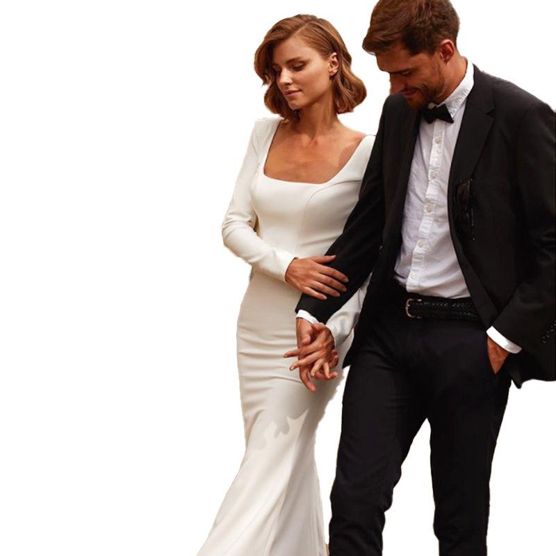 Satin-Langarm-Leichtes Hochzeitskleid 1011 Neues Temperament Einfache Braut Fishtail Weiß Willkommensgarn Reisefotografie Europäisches und Amerikanisches Kleid