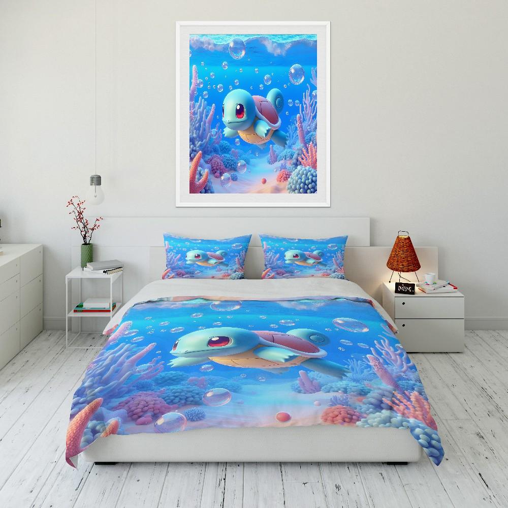 Gift for Anime Fans Pokemon Squirtle Printed Bedding Set 3PC Duvet Cover Adult Kids Gift Full Size Bedding Set Home Bed Decor