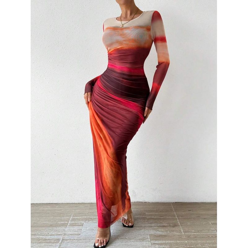 Pleated Round Neck Dress Fancy Women's Tie-Dye Ruched Silm round-Neck Long-Sleeved Dress
