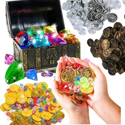 Pirate Treasure Chests Fake Gold Silver Copper Coins Gemstones Plastic Acrylic Toys Children Kids Gifts Halloween Party Props