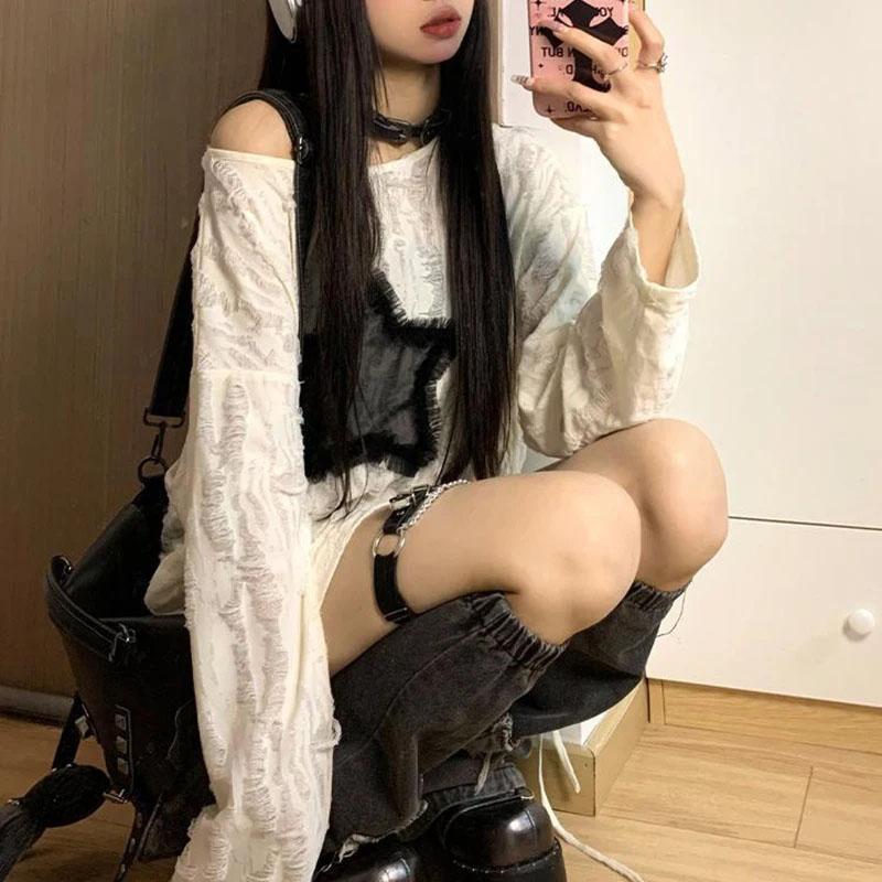 Koszulka z nadrukiem Y2K Hole Star, damska, modna, streetwear, odkryte ramiona, letnie, oversize'owe, Kpop, długie rękawy, luźne koszulki damskie, nowe