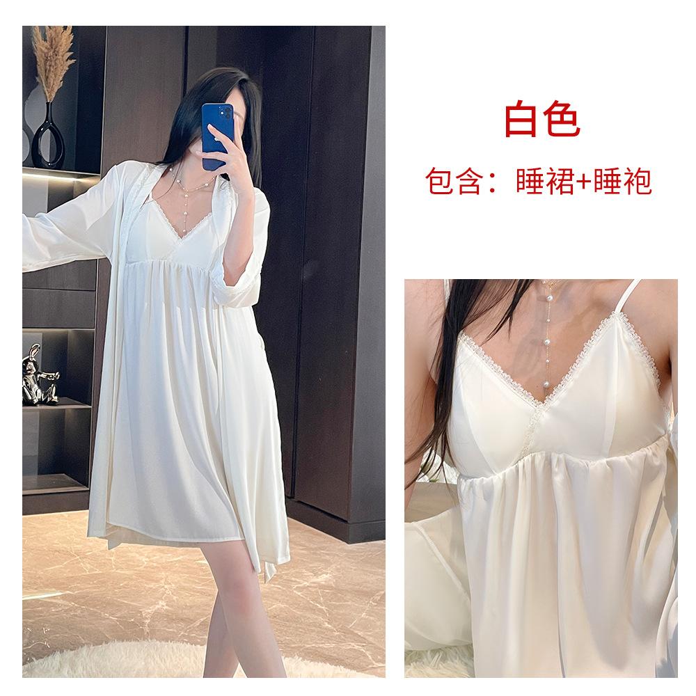 French suspender nightdress women's medium and long imitation acetic acid with chest pad loungewear smooth and drape pajamas spring and summer