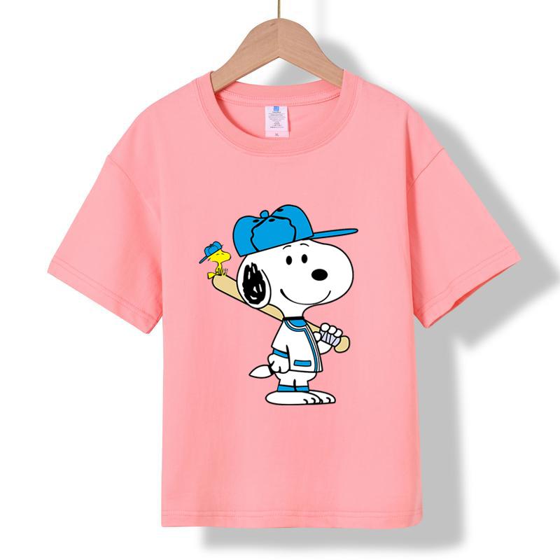 MC-77 MINISO 2026 Summer New Kids 100% Cotton T-Shirt Snoopy Baseball Print Short Sleeve Casual Tee for Boys Girls Ages 2-12