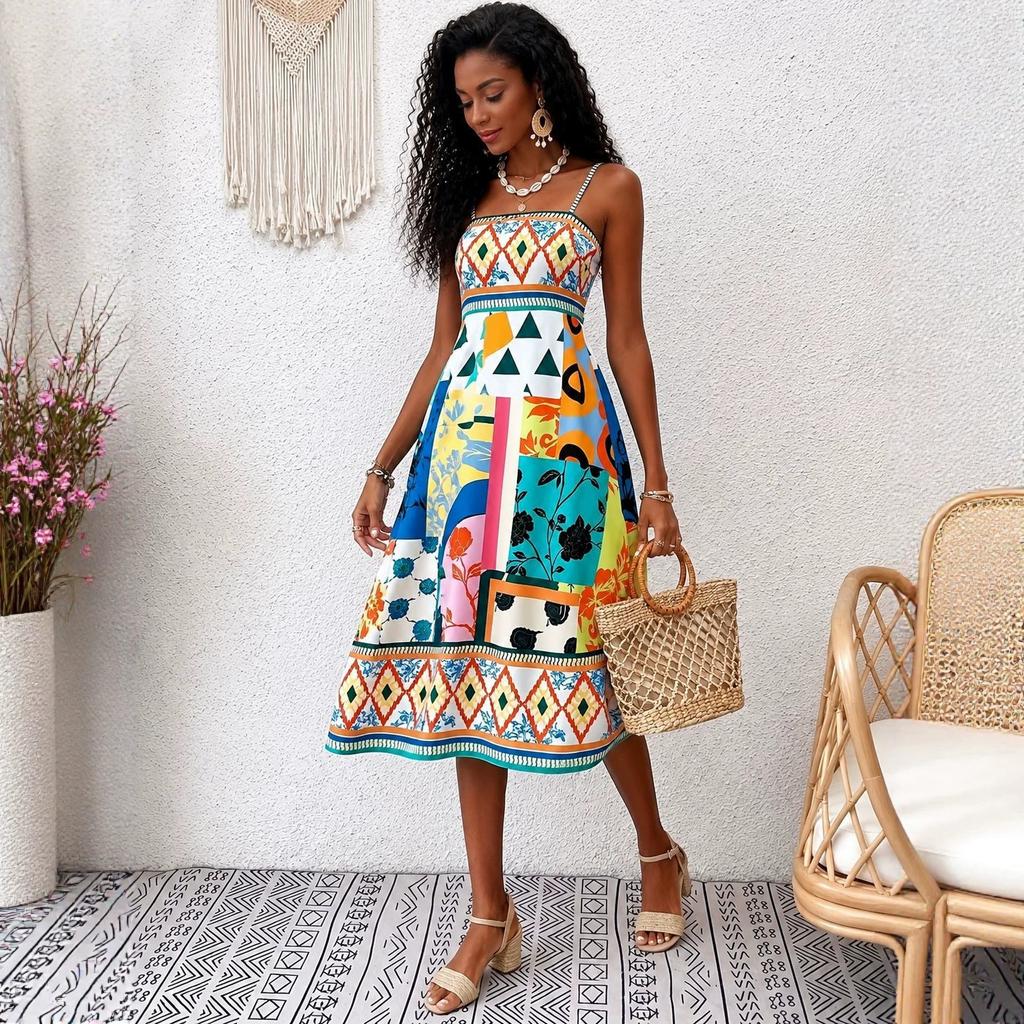 Summer bohemian print suspender dress, holiday waist A word medium and long skirt