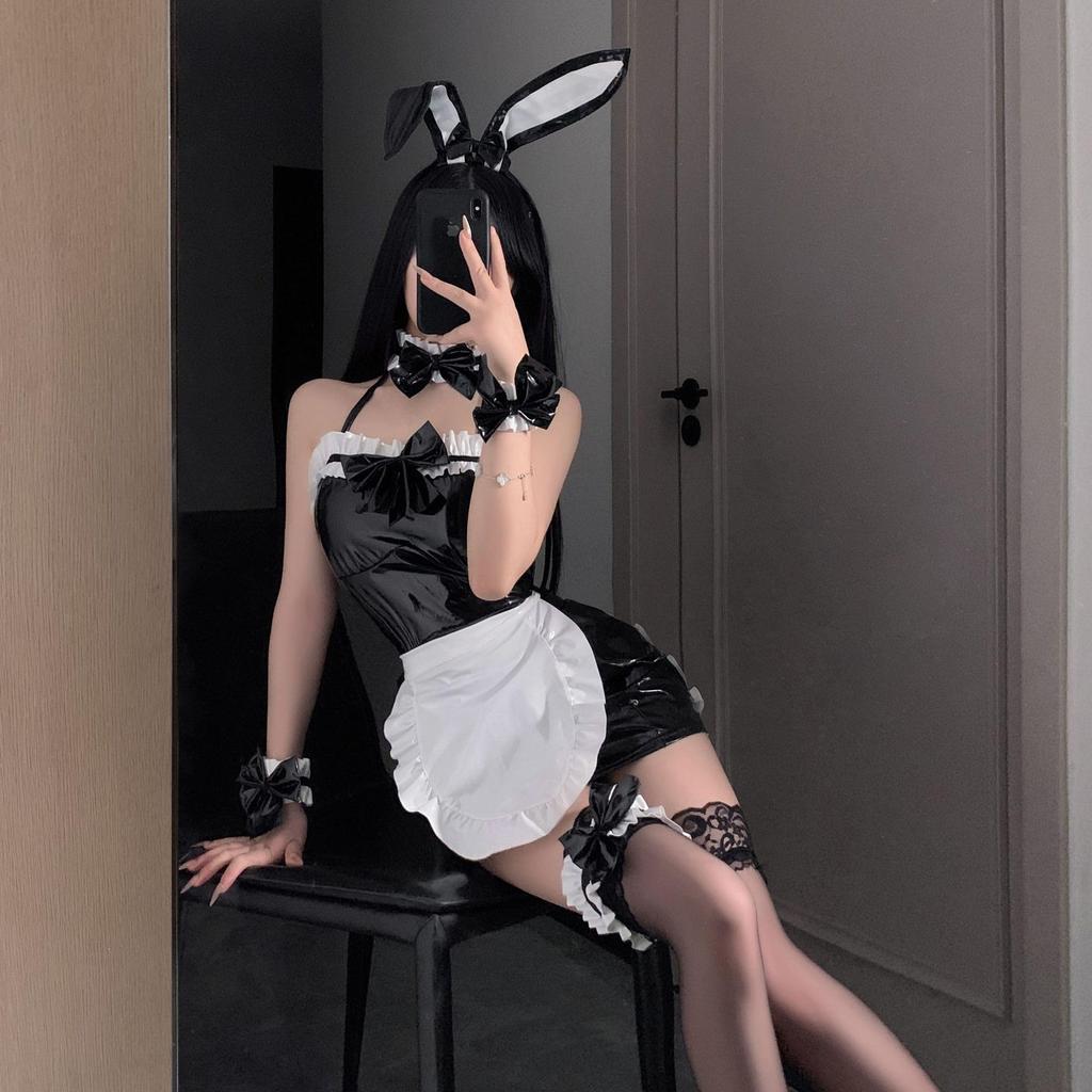 Lavender Enamel Maid Cosplay Costume, Sexy PU Uniform, Size M (Weight: 40-57.5kg)