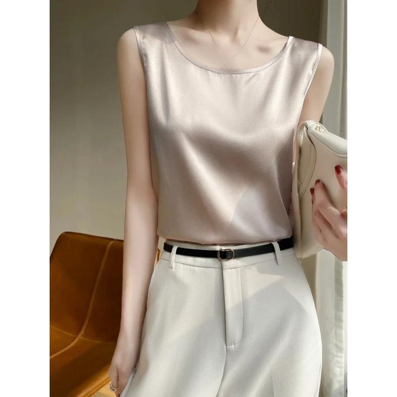 Summer Silk Camis Women's T Shirts Sleeveless Vest Satin Tank Tops Office Elegant Fashion O Neck Champagne BlouseTop Women