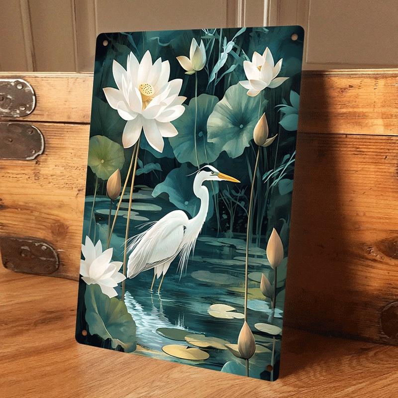 

1 piece of Zen-inspired lotus and egret tin painting, Chinese-style living room/entrance hall decoration, metal wall art piece, (as the picture,20x30cm)