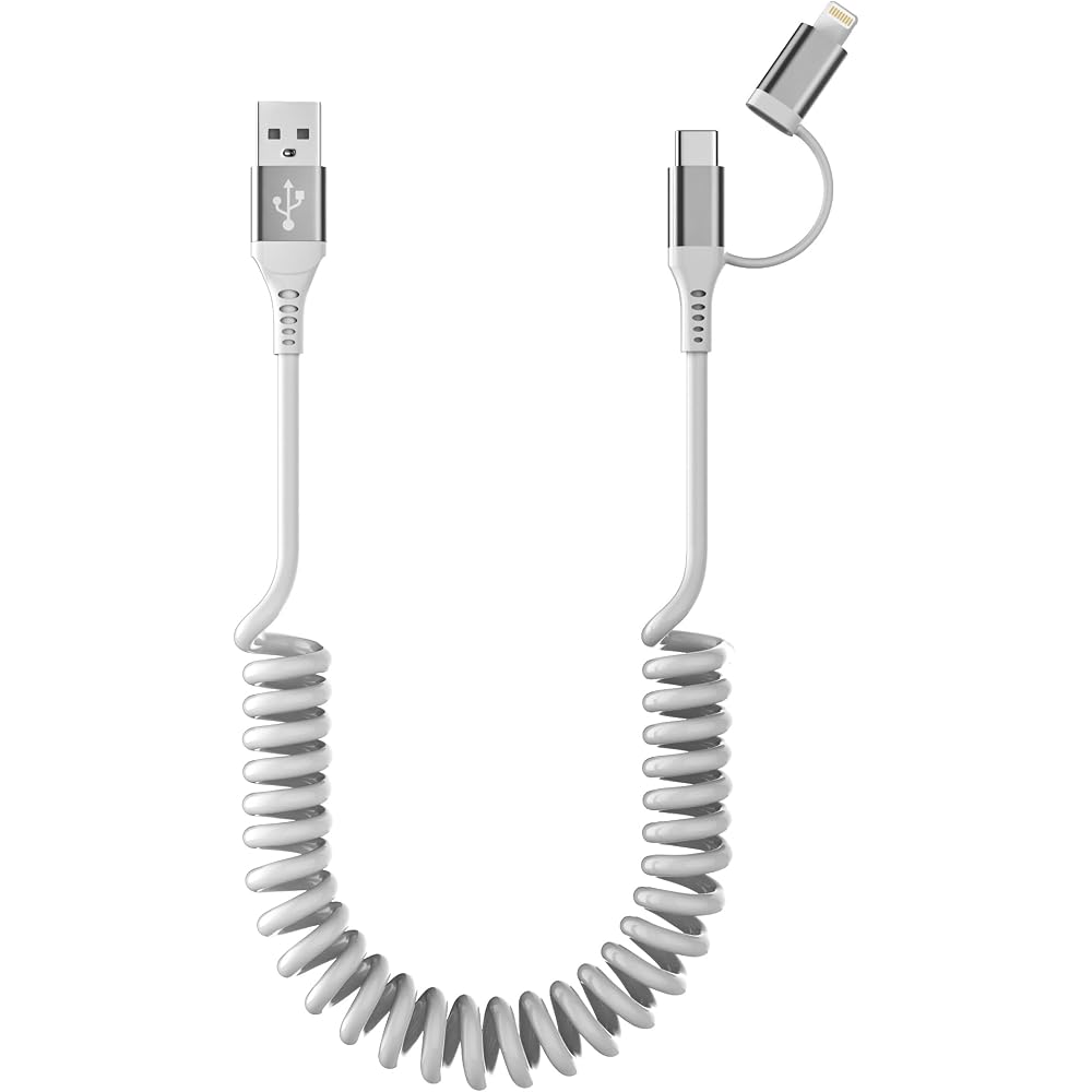 2in1 USB to USB-C and Lightning Cable Curl Cord Combo Apple Carplay & Android Auto Compatible iPh...
