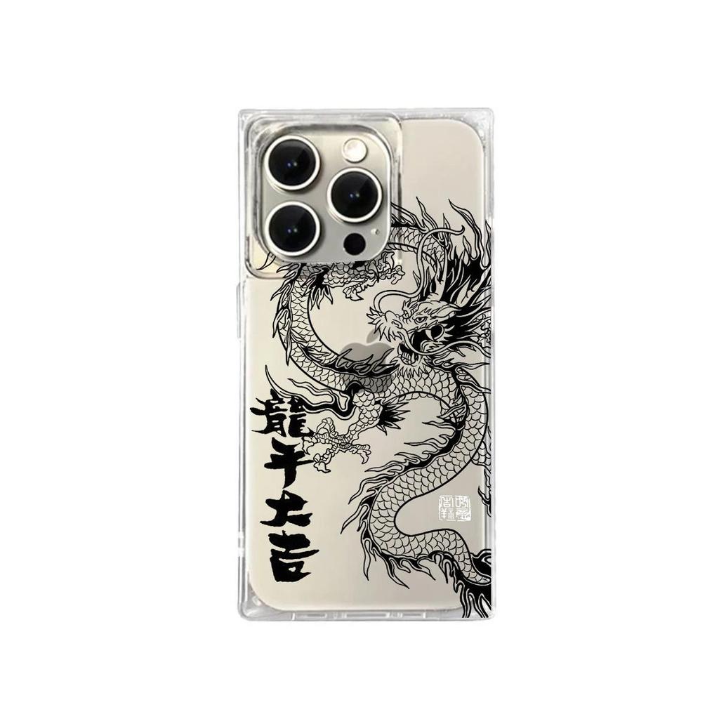 Transparent Square Back Tube Case Casing Protection For iPhone 11 16 ProMax 14 Pro Max 12 15 Plus 13 Anti-Oxygen,Fierce Dragon Pattern