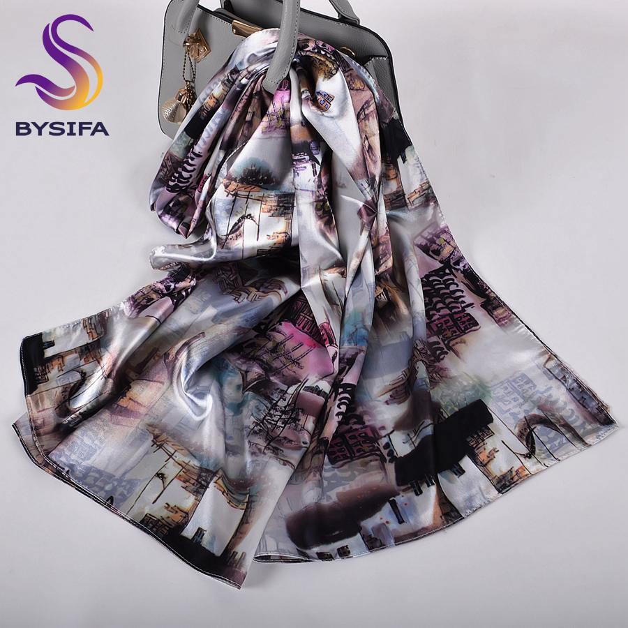[BYSIFA] Fall New Silk Scarf Hijab Printed Elegant Green Plum Blossom Satin Long Scarves Shawls Winter Women Accessories Wraps