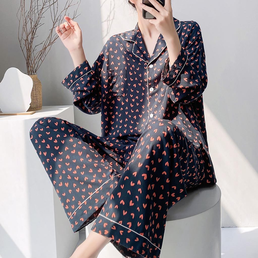 Cotton and silk suit spring and summer long-sleeved cardigan loungewear sweet wind floral pajamas women's spring and autumn thin pajamas can be worn