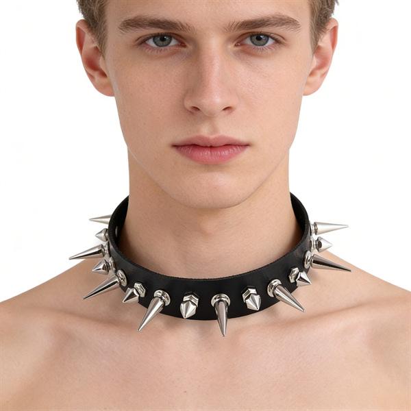 Unisex European Punk Black Leather Choker with Metal Chain and Lock Pendant.