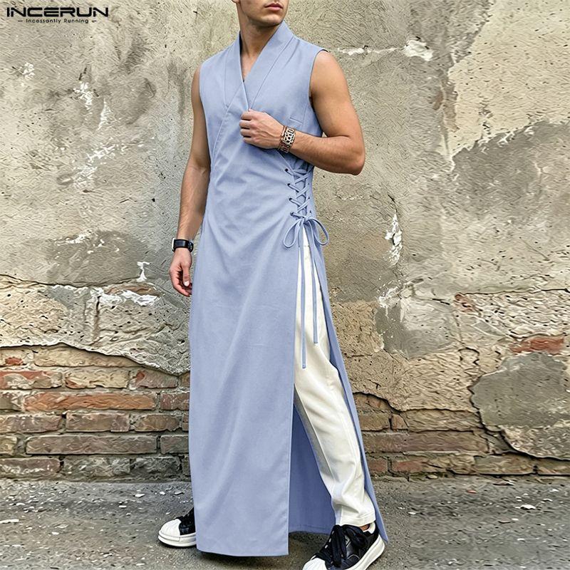 INCERUN Mens Vintage Sleeveless Long Vest V Neck Side Lace Up Casual High Split Tunic Top Robe