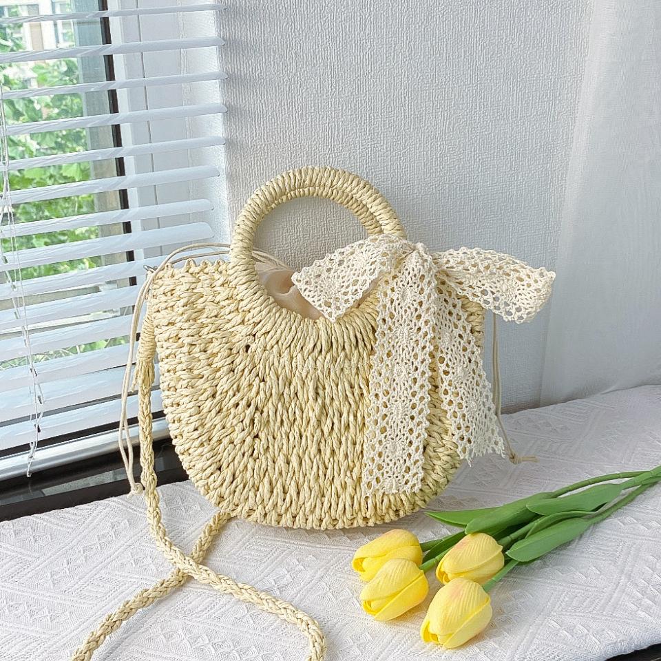 Women Straw Woven Bag Fashion Shoulder Bag Large Capacity Handwoven Tote Bag Drawstring Chic Hobo Bag Summer Beach Bag KTB