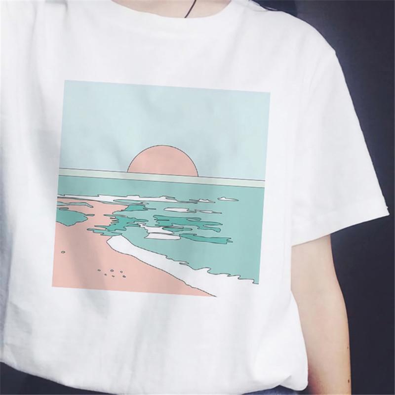 Hotselling New Aesthetic Wave Print Roundneck Shortsleeved Tshirt for Women Graphic T Shirts Aesthetic Clothes Tops Harajuku