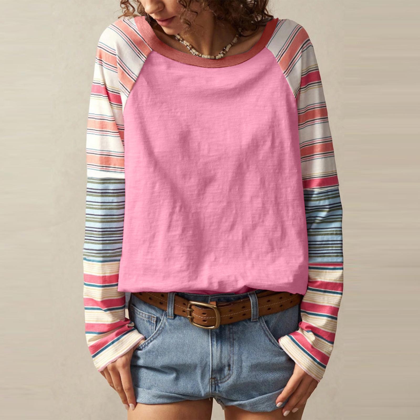 

Ladies Fashionable And Elegant Mixed Color Striped Printed Round Neck Long Sleeved Top L