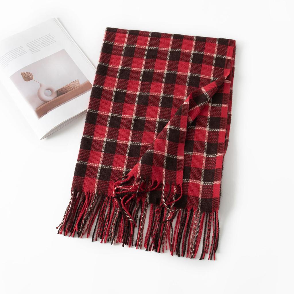 New Retro Maillard Scarf High End Versatile Plaid Thickened Shawl Winter Warm Student Tassel Scarf