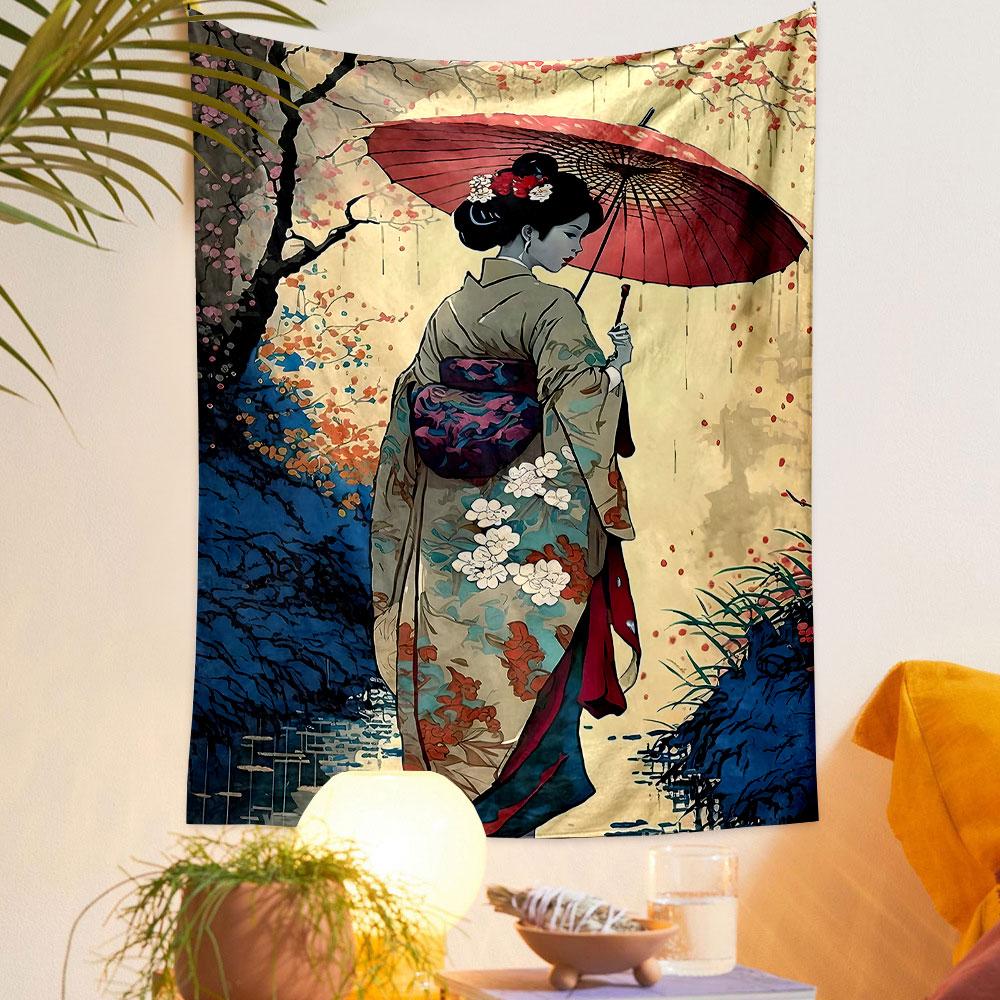 Geisha with Umbrella in Floral Garden Patterned tapestry home decor, suitable for bedroom and living room, gift