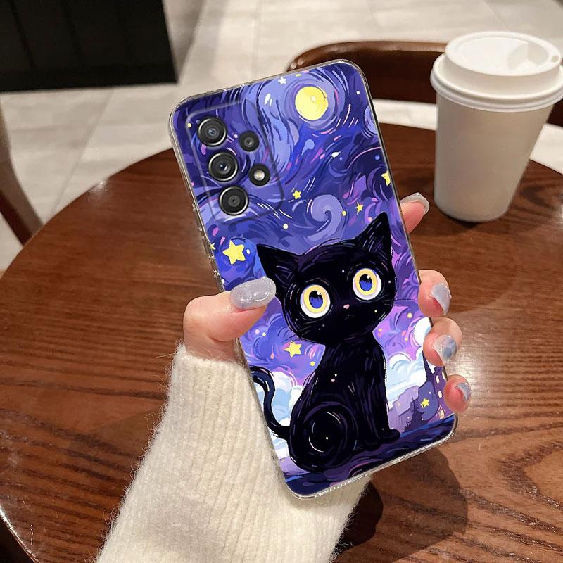 Retro Oil Painting Starry Sky Cat Clear Phone Case For Samsung Galaxy A56 A57 A37 A55 A54 A36 A35 A26 A25 A16 A17 A07 A52 Cover