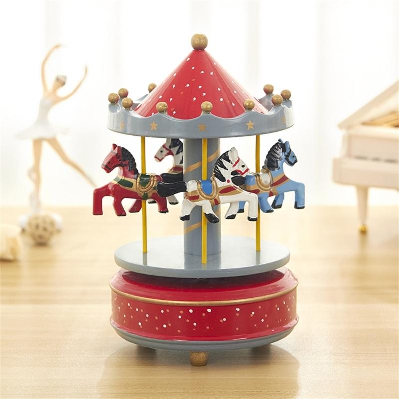 Handcrafted Wooden Rotating Carousels Music Box Ornament Hand Cranked Design For Christmas Home Tabletop Shelf Decors
