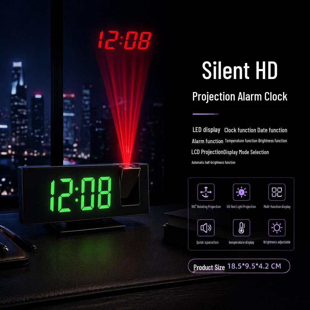 Rotating Projection Alarm Clock with Large Digital Display and Mirror Screen