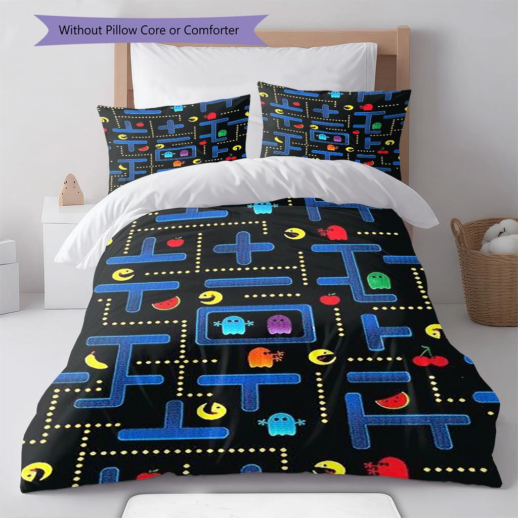 Pościel z wzorem Pac-Man, Zestaw kołdry Poszewka na kołdrę Poszewka na poduszkę Domowy prezent urodzinowy (1 * poszwa na kołdrę + 2 * poszewki na poduszki, bez rdzenia)