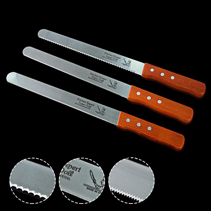 1PC Baking Tool 10 Inch Stainless Steel Cake Knife, Cake Tool, Bread Knife, Wooden Handle Serrated Knife