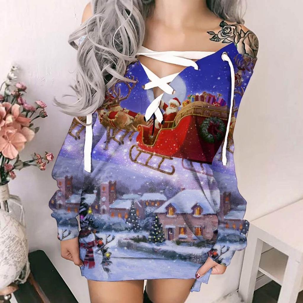Fashion Women's Loose Christmas Print Long Sleeve V-neck Strappy  And Winter Dress
