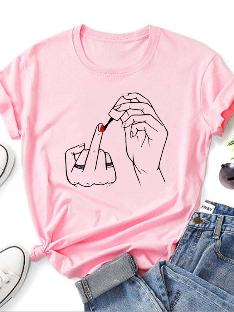 Unisex Middle Finger Nail Polish Prints T Shirt Summer Comfortable Soft Short Sleeve Oneck Tops Casual Female Clothes